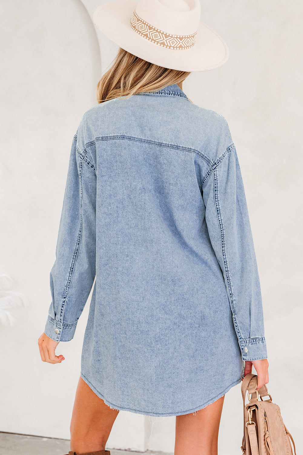 Chest Hem Pocket Raw Denim Loose Shirt Dress