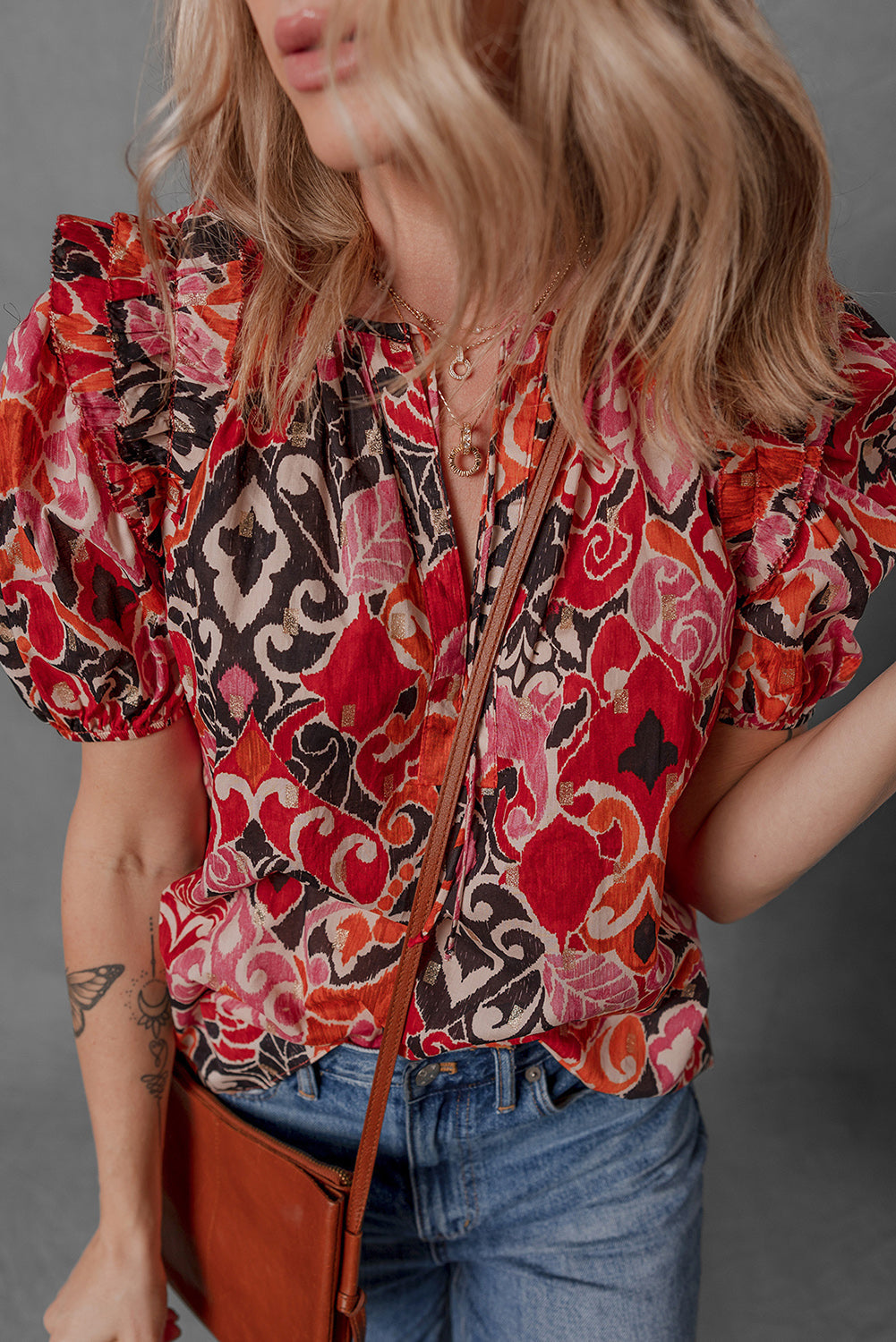 Split Ethnic Print Neck Short Puff Sleeve Blouse