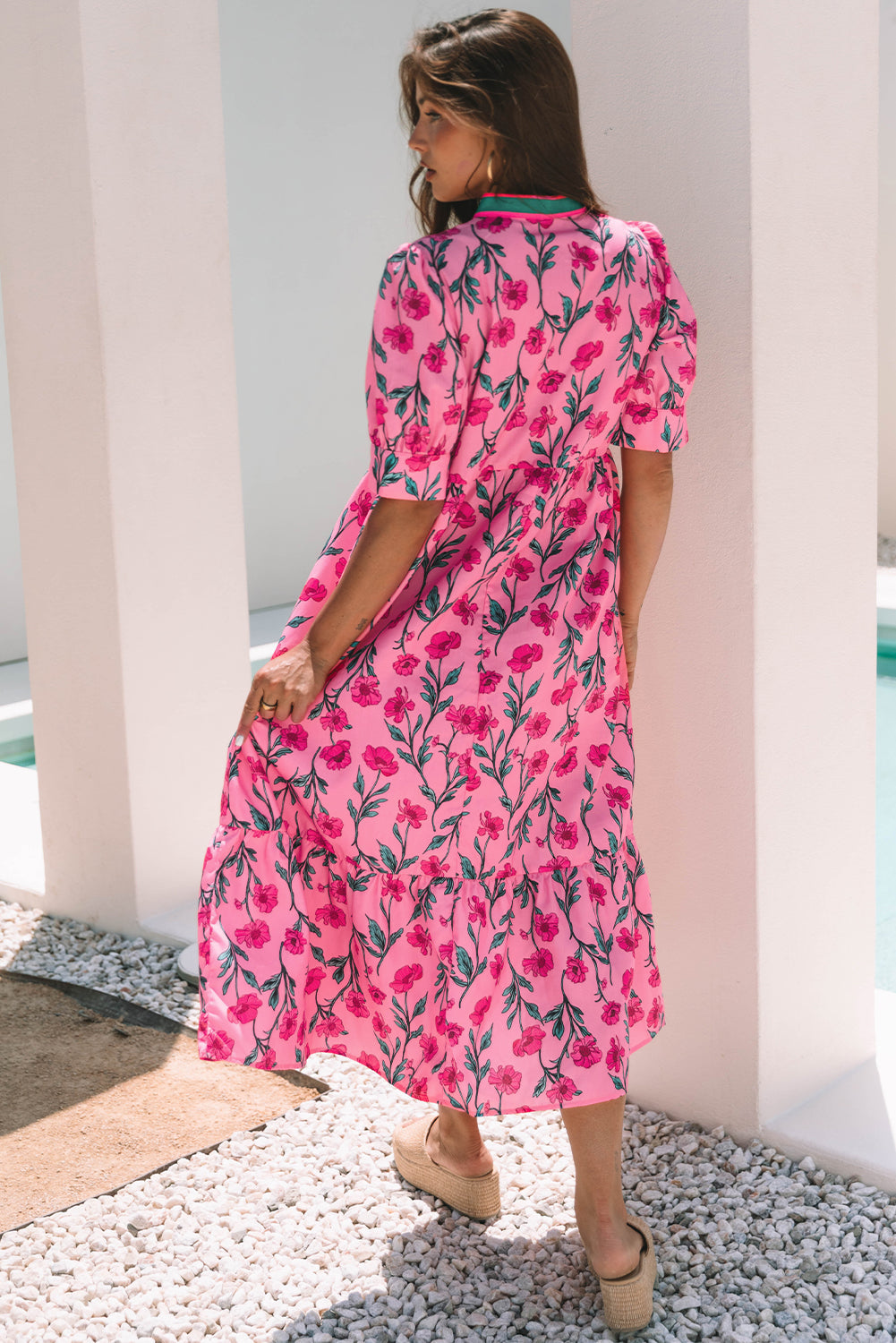 Neckline Floral Contrast A-line Puff Sleeve Long Dress