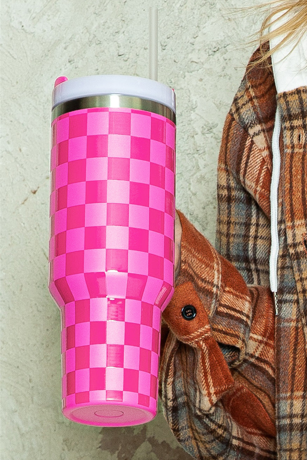 Handled Checkered Print Stainless Steel Tumbler Cup 40oz