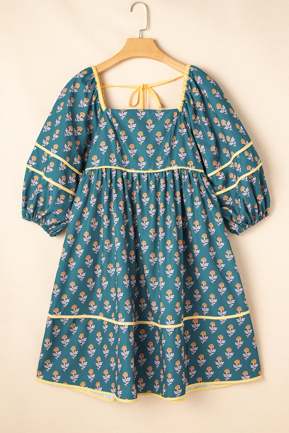 Floral Contrast Trim Square Neck Puff Sleeve Dress