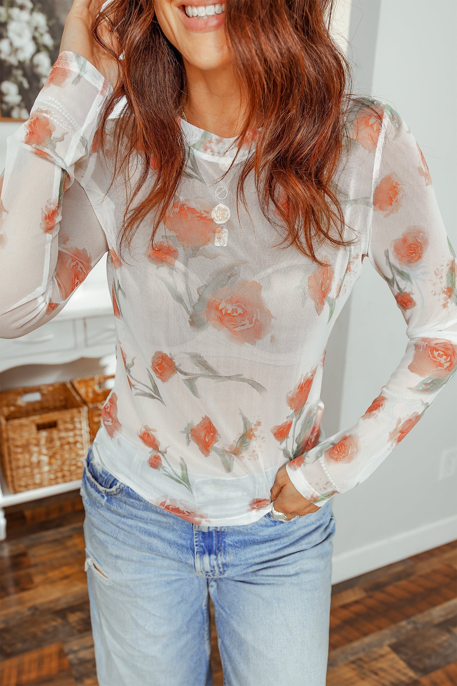 Everyday Floral-Print Mesh Long-Sleeved Top