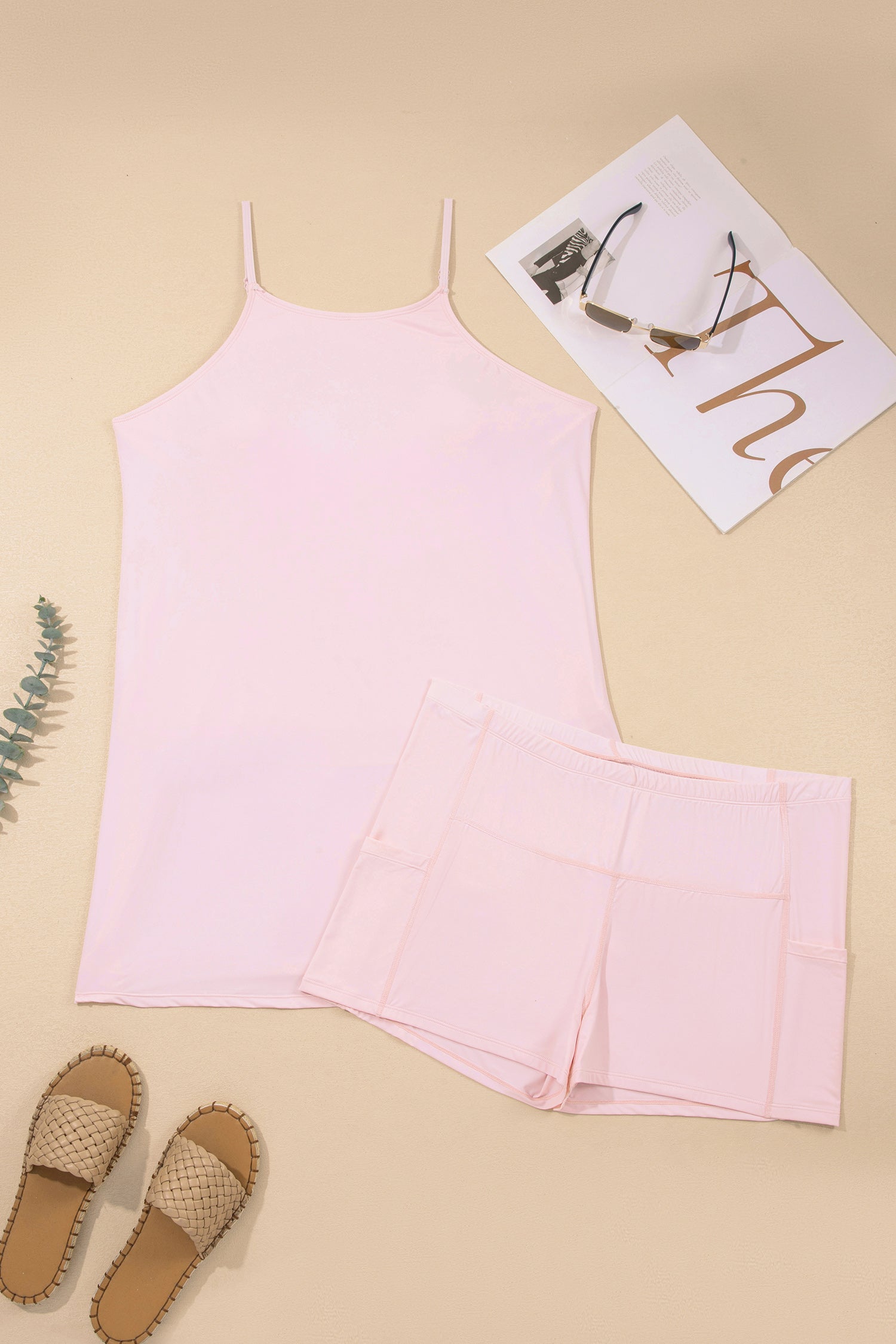 Plus Shorts Size Build-in Sleeveless Dress With Short 2-Piece Outfit in Pink