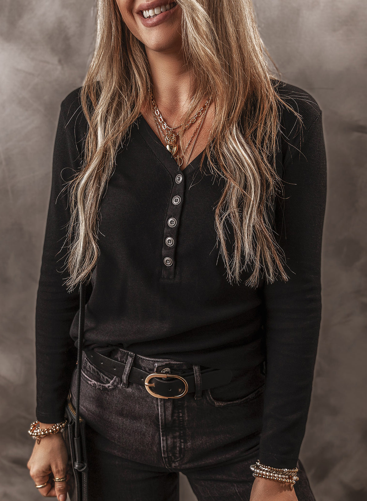 Women's Top Featuring Long-Sleeve Rib-Knitted Button-Front