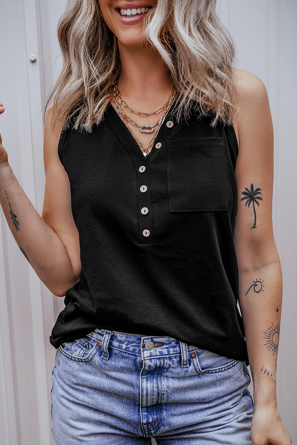 Women's Tank Top Featuring Patched Pocket Half Button