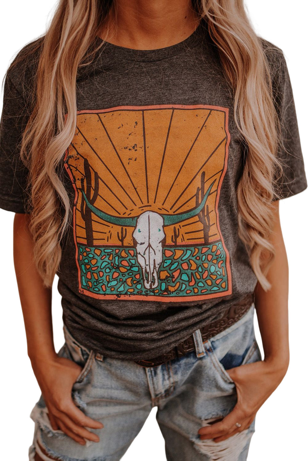 Women's Crew Neck Western Steer Skull Graphic-Print T Shirt