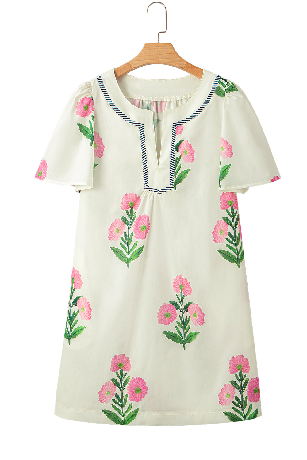 Floral Neck Short-Sleeved Split Loose Mini Dress