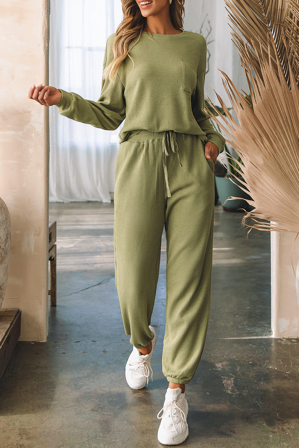 Women's Waffle Knitted Top Drawcord Joggers Set