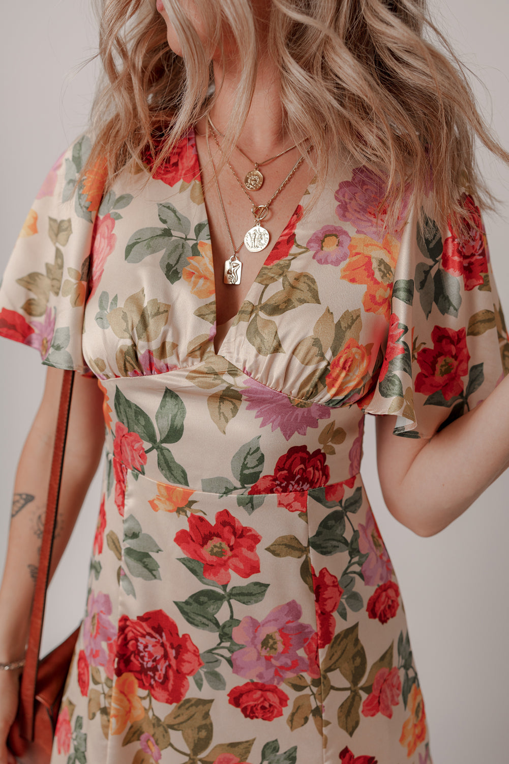 Vintage Floral V Neck Tie Back Long Slit Dress