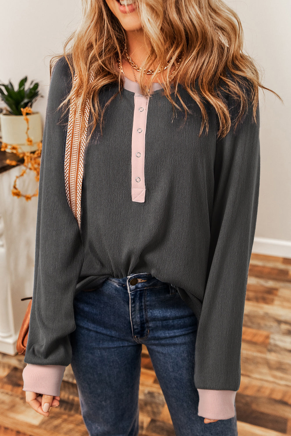 Women's Henley Top with Textured Contrast Stitching
