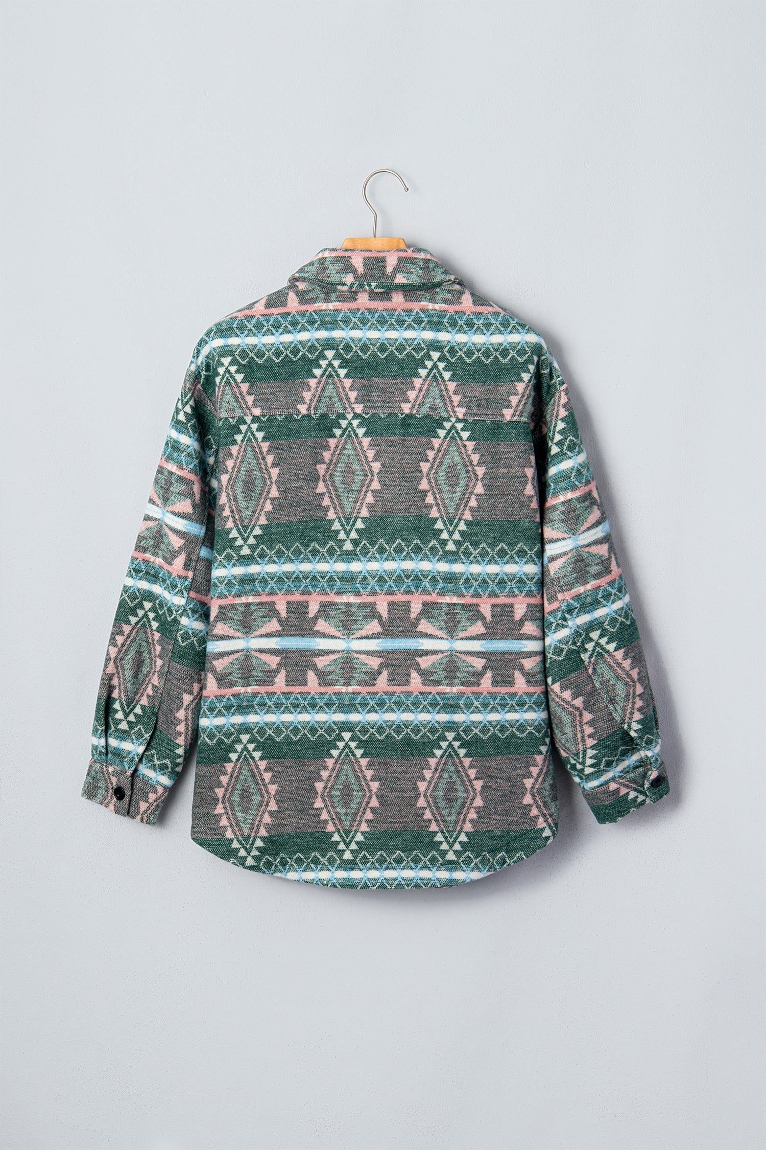 Geometric Print Button Front Long-Sleeved Shacket in Green