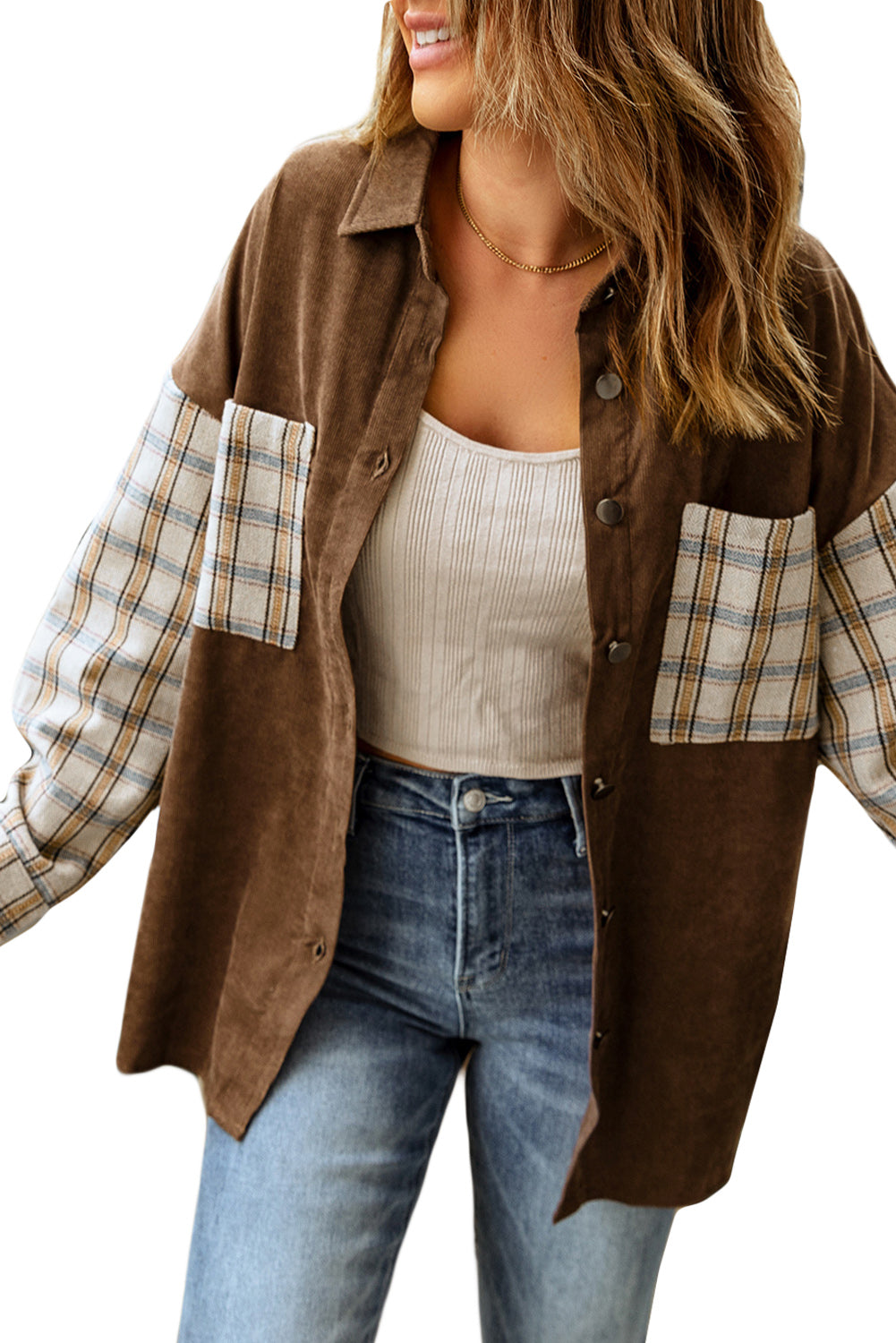 Women's Shirt Jacket Featuring Cord Plaid Patchwork