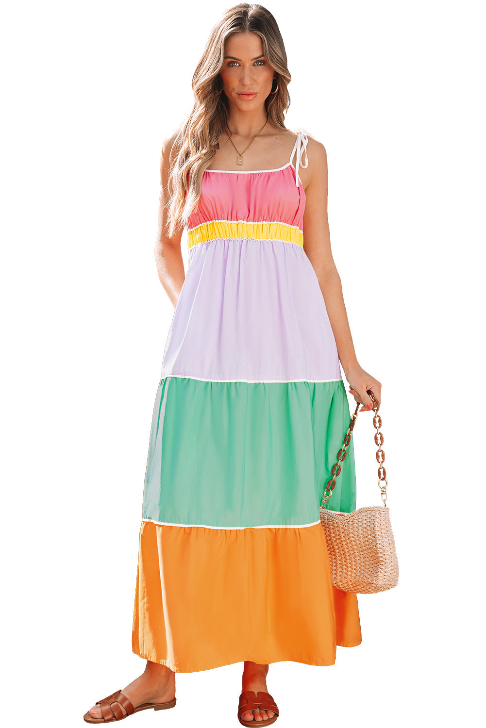 Colorblock Self-tie Straps High Waist Flowy Maxi Dress