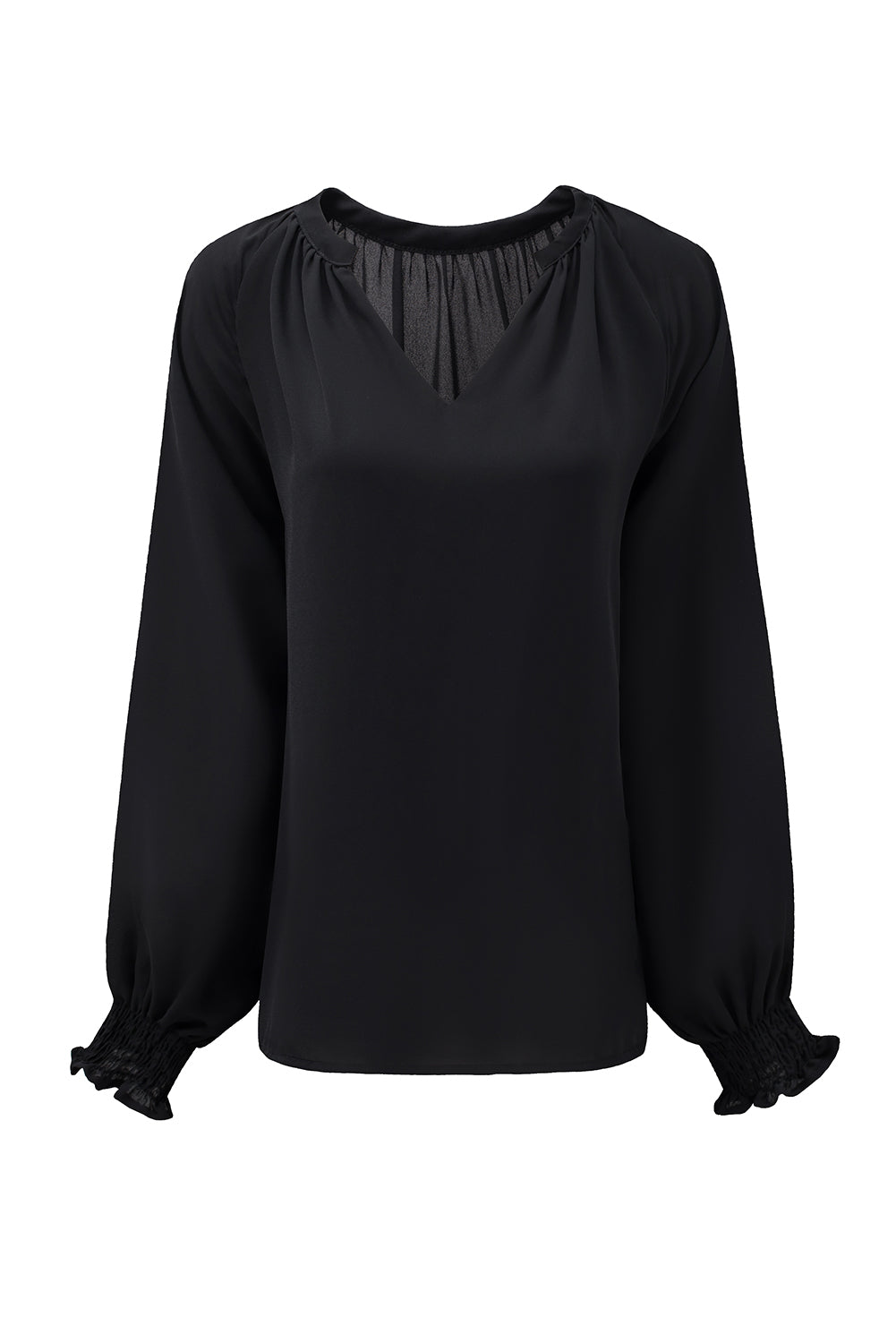 Women's Blouse with Pleat-Detail V Neck Puffy Sleeve