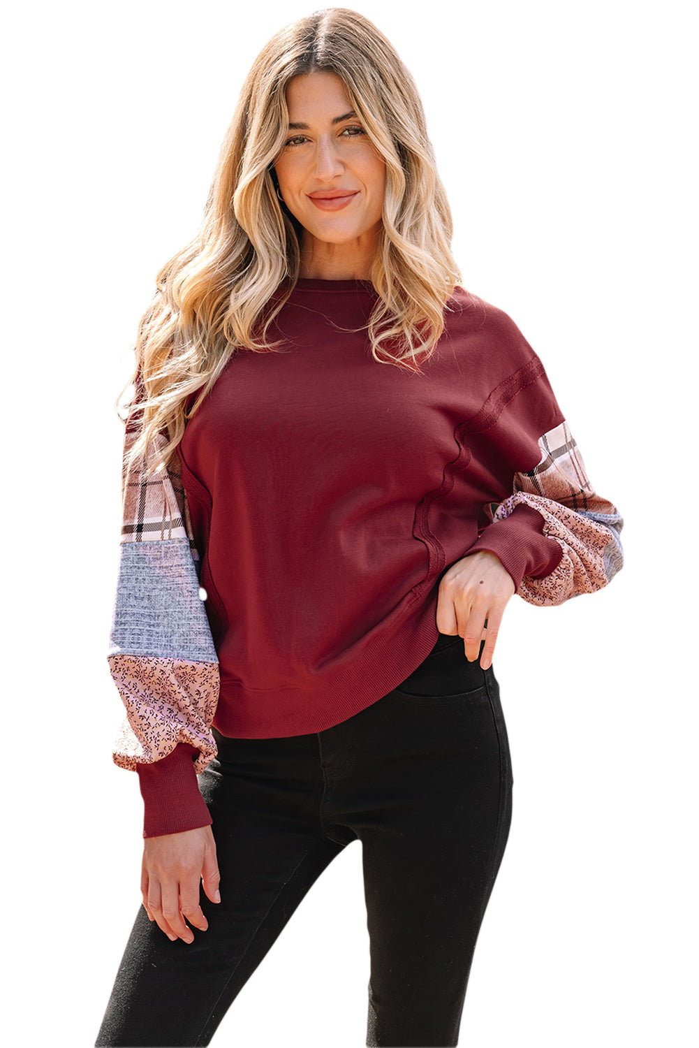 Colorblock Patchwork Plaid Patchwork Sleeve Raw Seam Sweatshirt