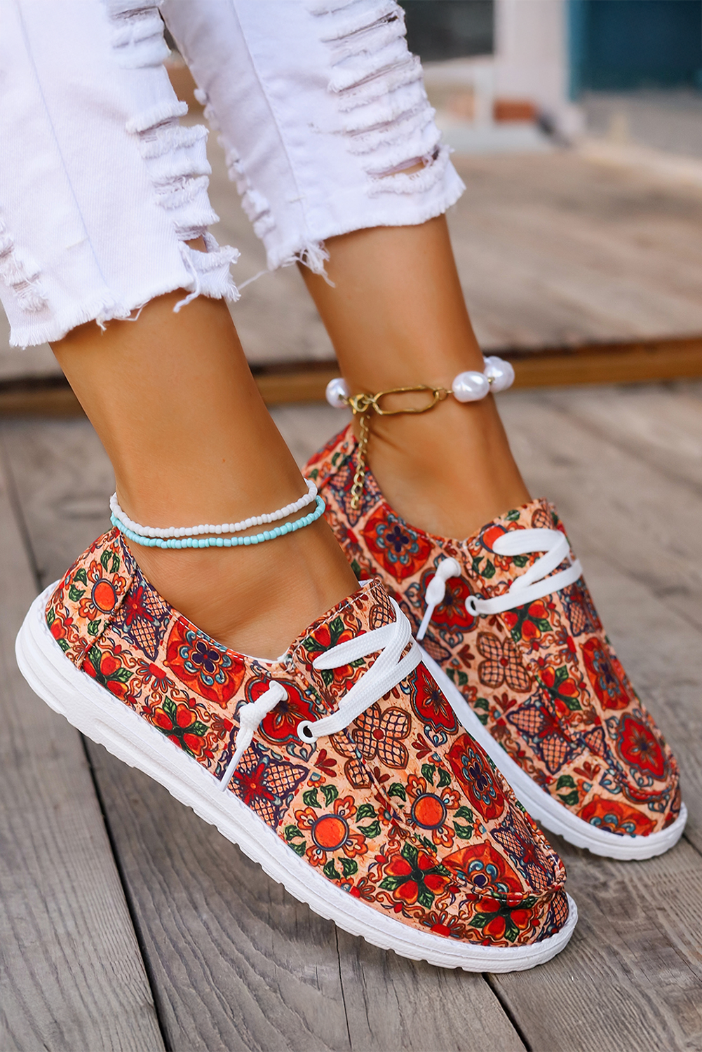 Western Printed Lacing Flat Slip On Shoes
