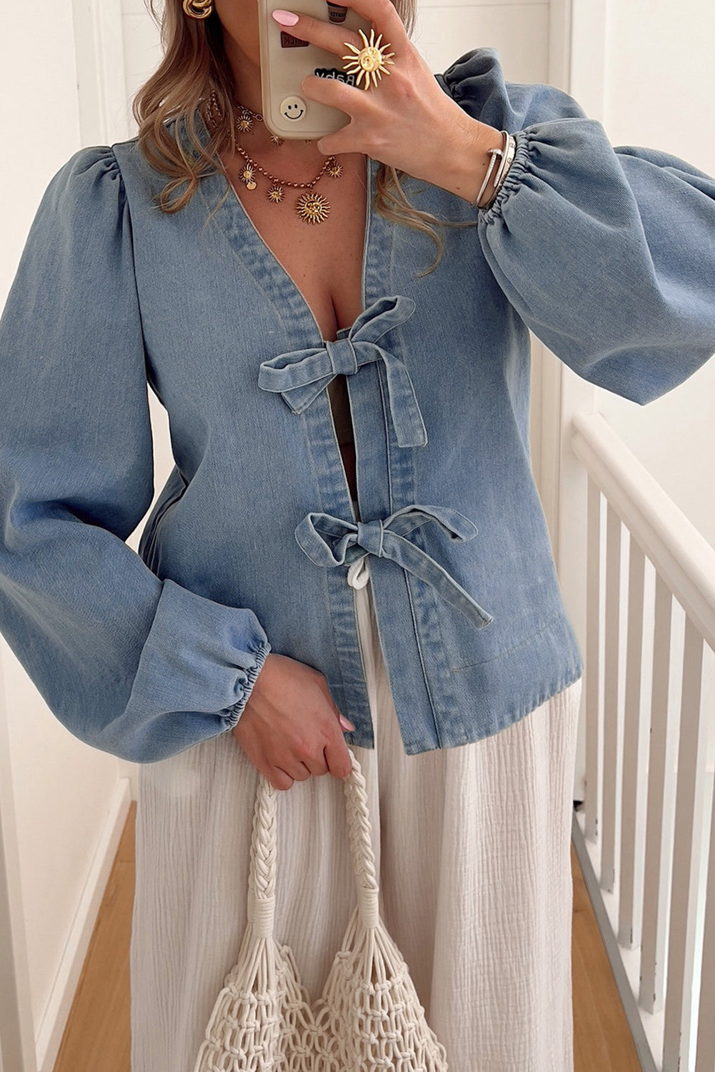 Tied Puff Front Long Sleeve Denim Top