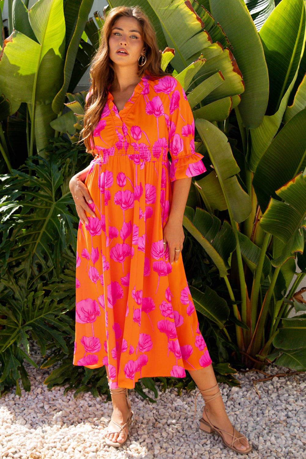 Smocked Floral-Print Frilly V-Neck 3/4 Sleeve Long Dress