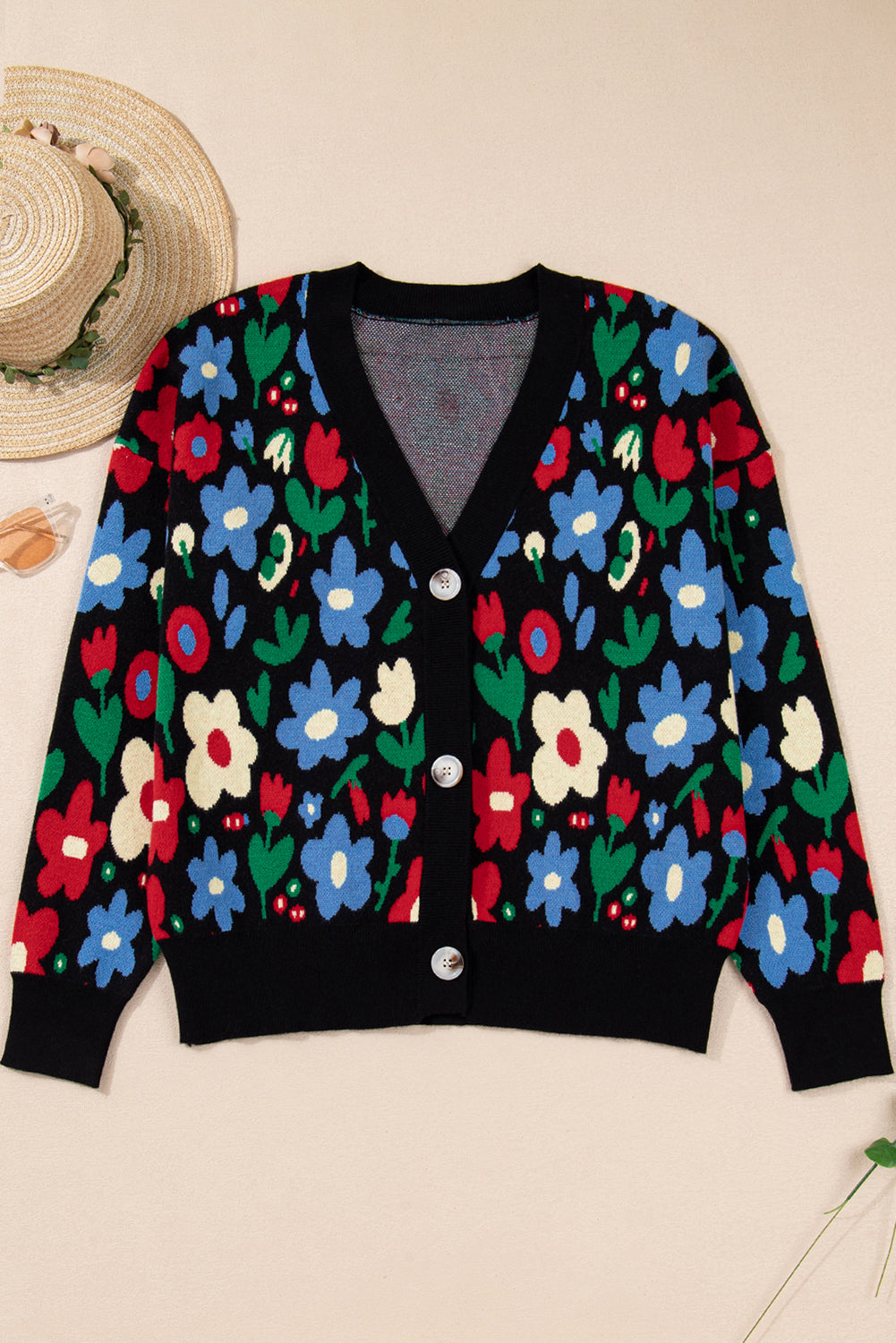 Floral-Print Short V-Neck Button-Front Cardigan Knit Top in Black