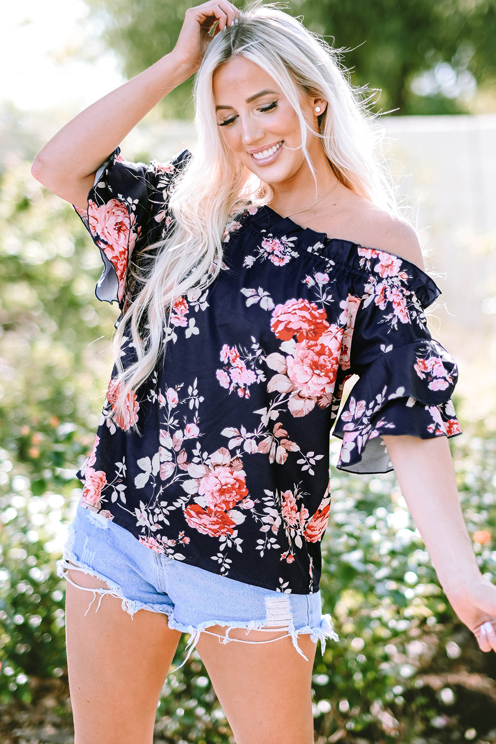 Women's Blouse Featuring Floral-Print Ruffle-Trimmed Flounce Sleeve