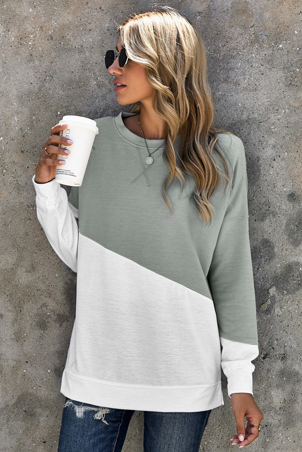 Women's Sleeve Gray White Patchwork Dropped Shoulder Sweatshirt