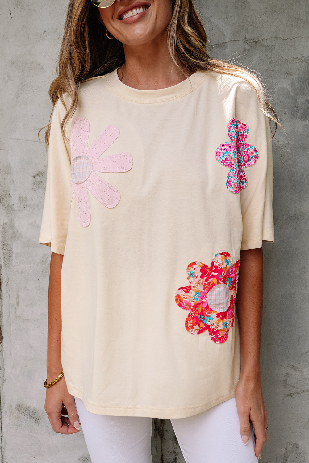 Exposed Flower Patched Stitching Trim Crew-Neck Loose Tee