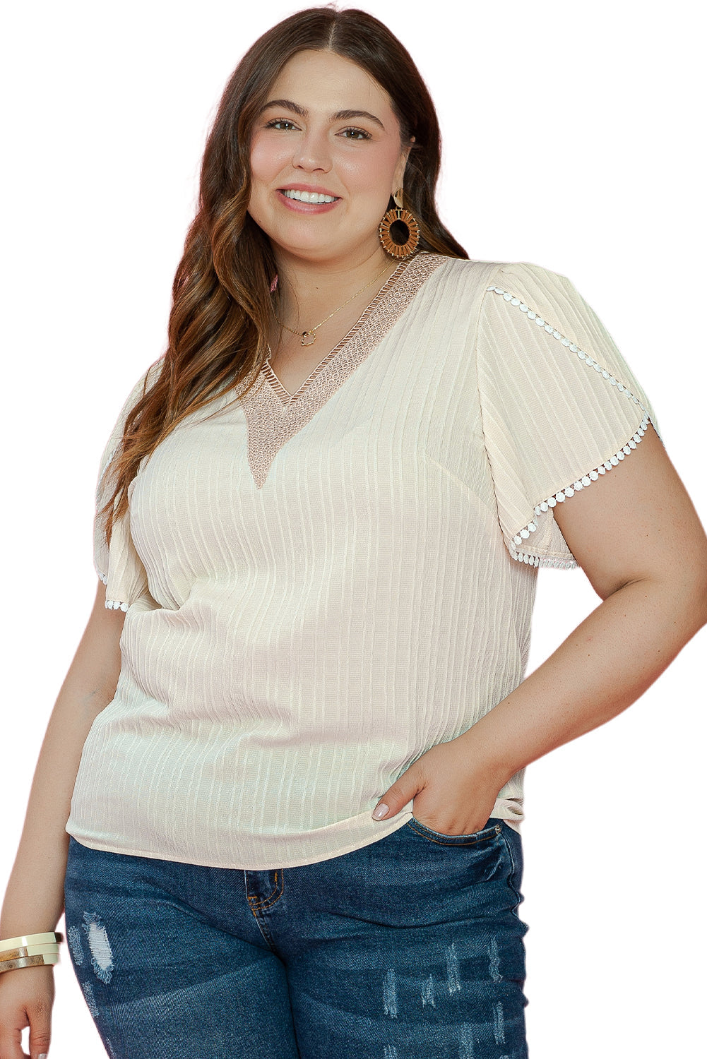 Blouse for Women Plus Contrast Guipure Lace-Trimmed Petal