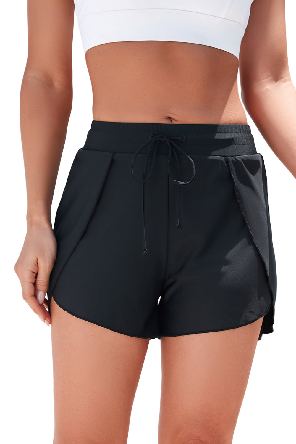 Solid 2-in-1 Drawcord Elastic Waist Swim Shorts in Black