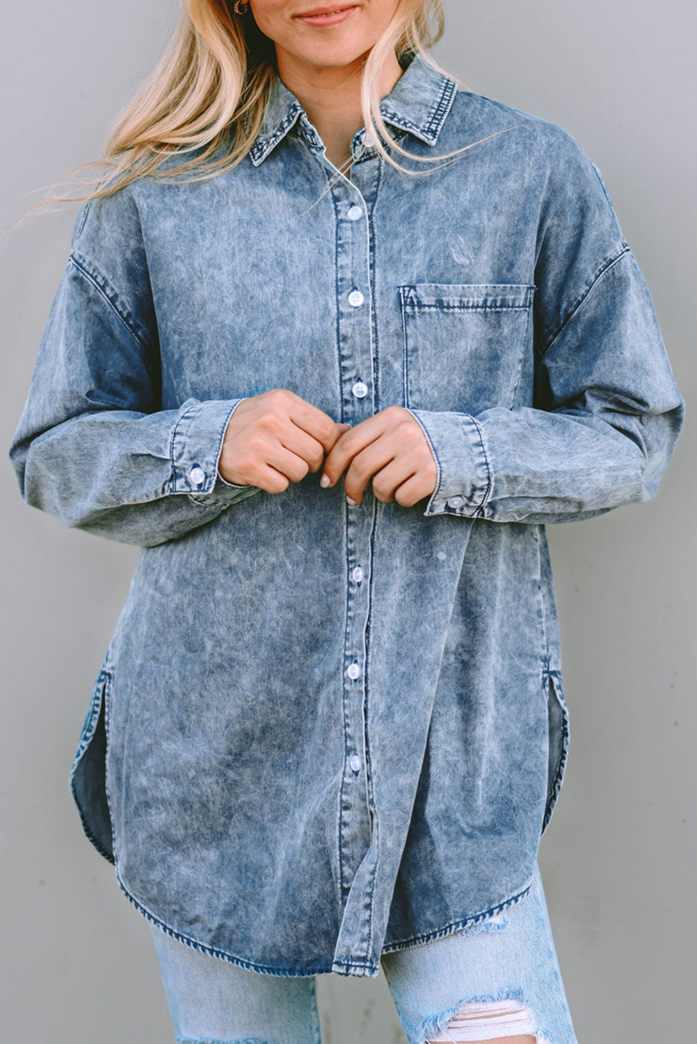 Women's Shirt Featuring Chest Denim Vintage Washed
