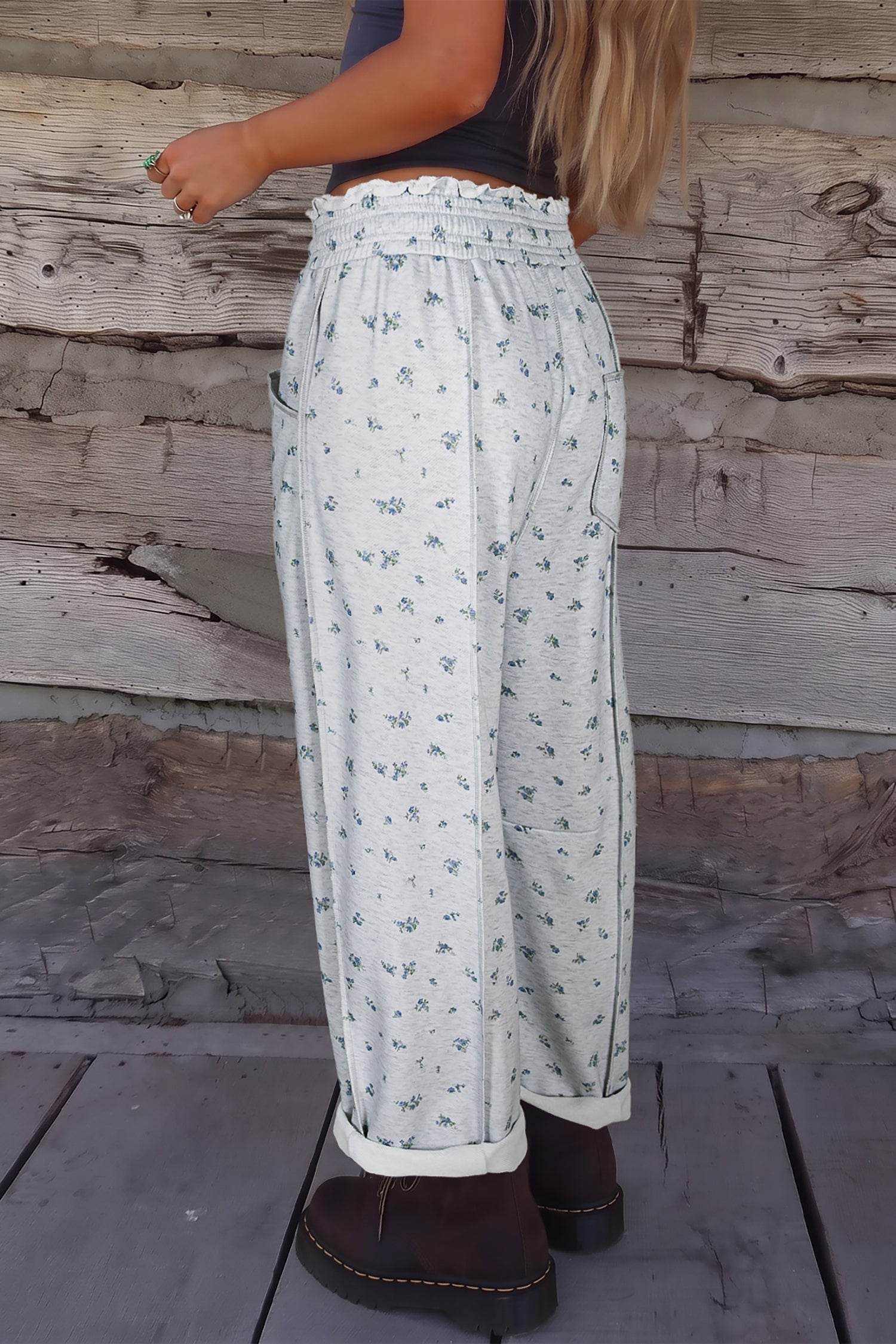 Floral-Print Timeless Elastic Waist Fit Pants in Gray