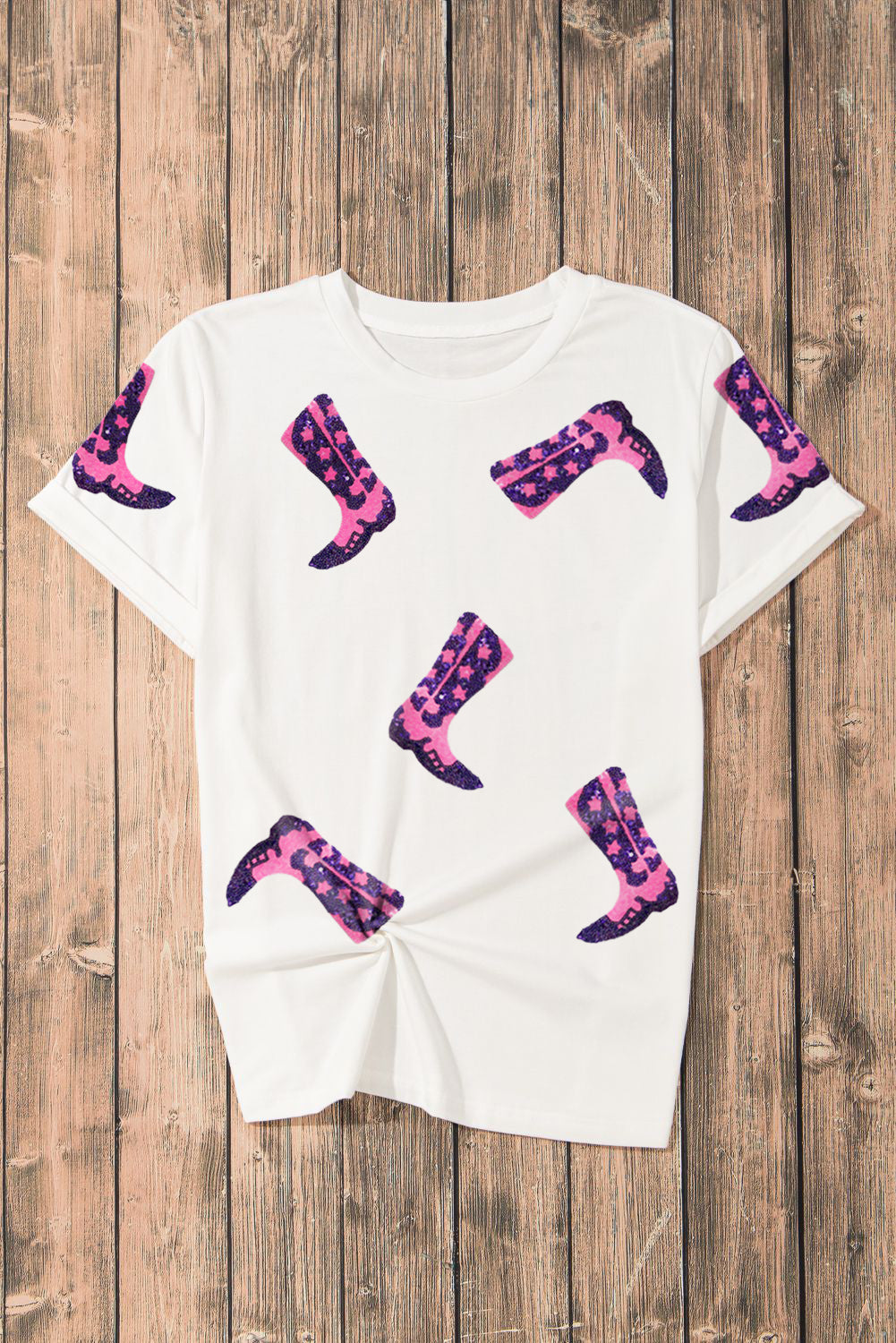 Women's T Shirt Featuring Neck Sequin Western Boots Round