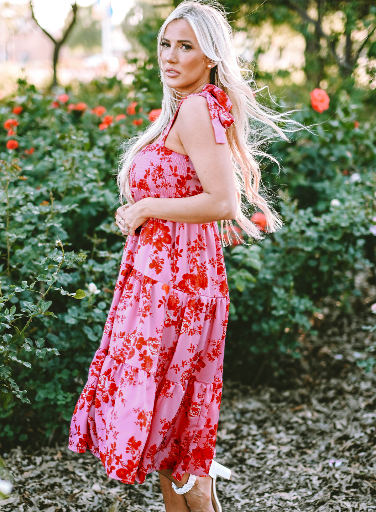 Women's Floral Dresses with Tie Shoulder Straps Layered
