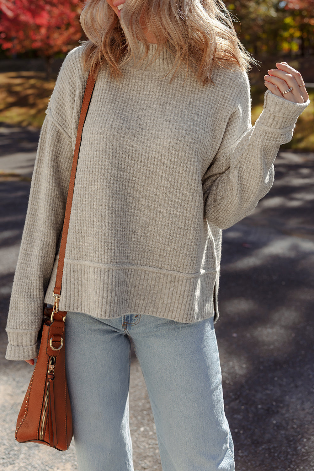 Waffle Rib-Knit Texture Knit High Neck Drop-Shoulder Knit Top