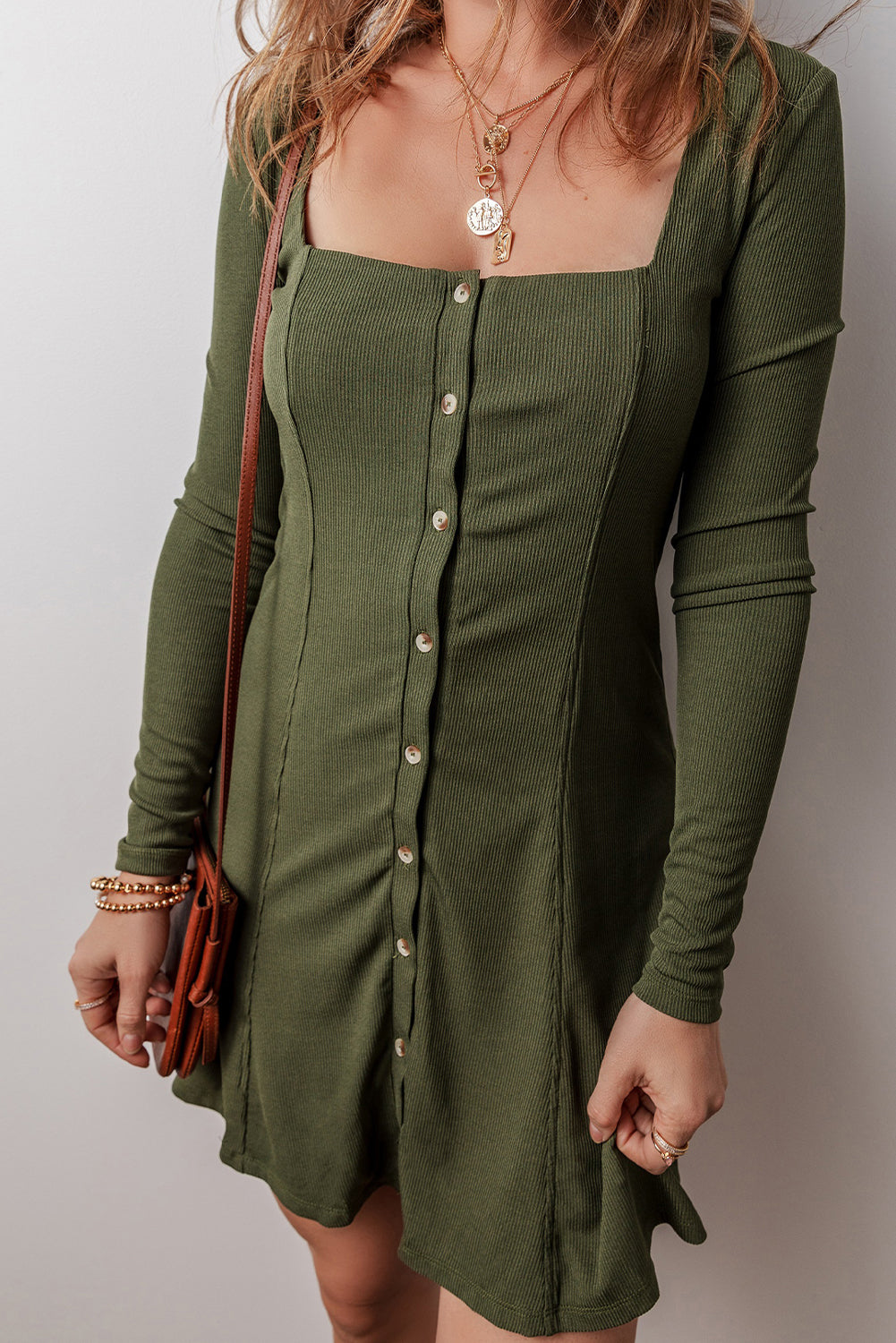 Women's Rib-Knitted Square Neck Mini Dress