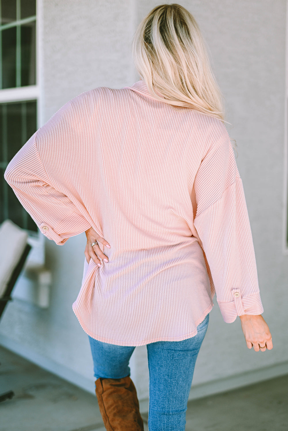 Women's Roll Tab Rib-Knitted Cording Shacket