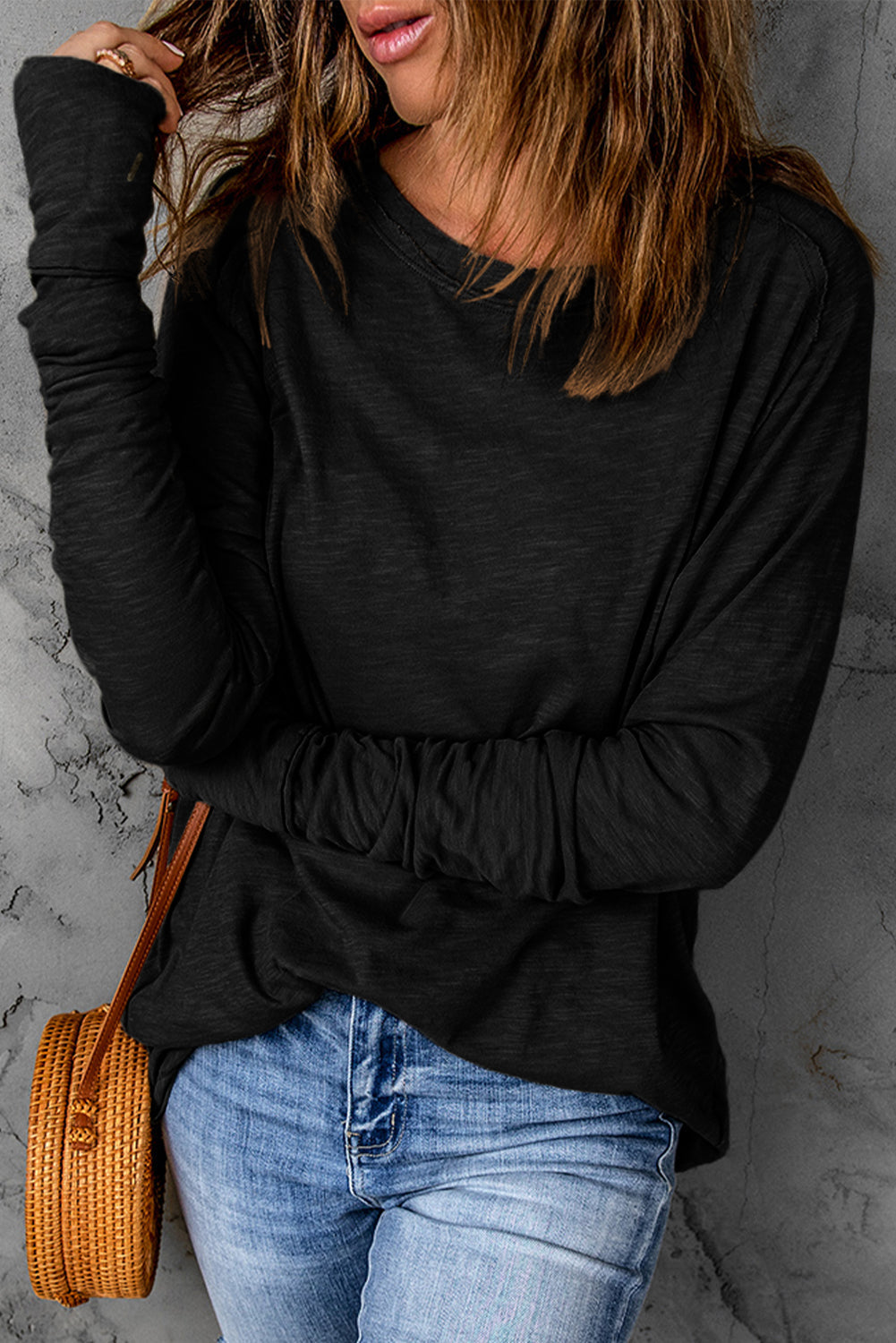 Top for Women Solid Crew Neck Long-Sleeve