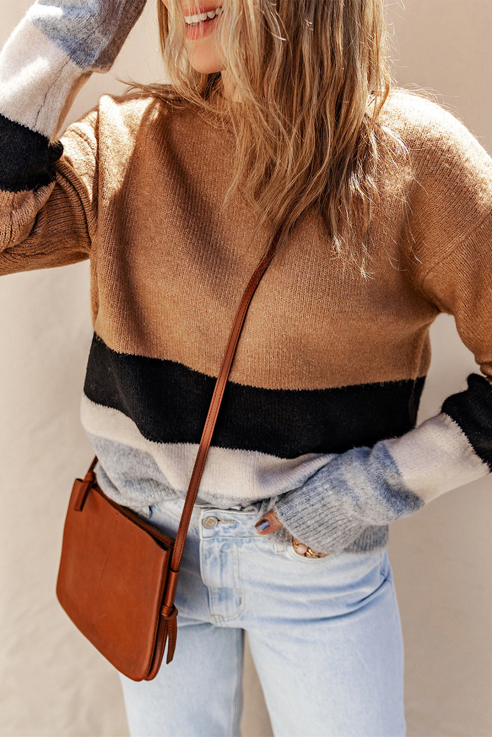 Women's Knit Sweater with Striped Rib-Knitted