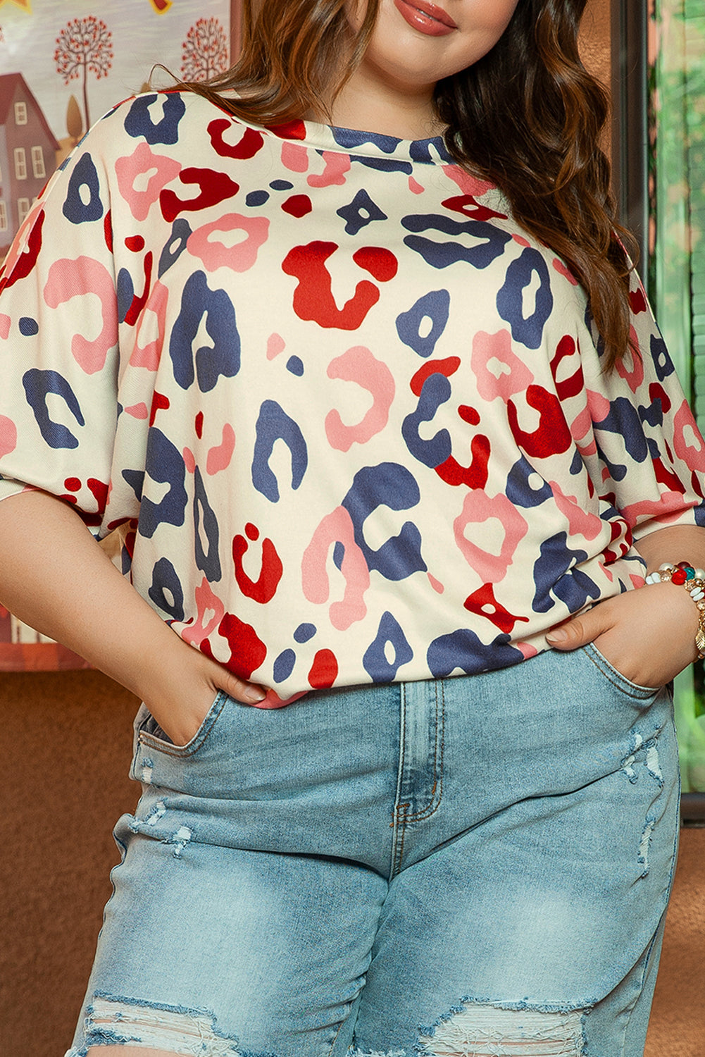 Blouse for Women Leopard-Print Batwing Sleeve Plus