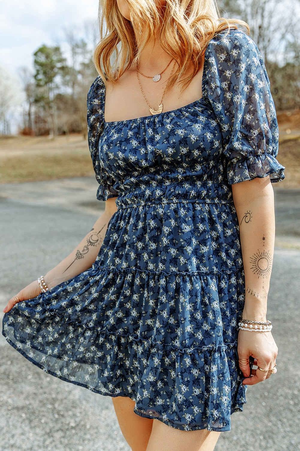 Women's Dresses with Floral-Print Shirred Layered