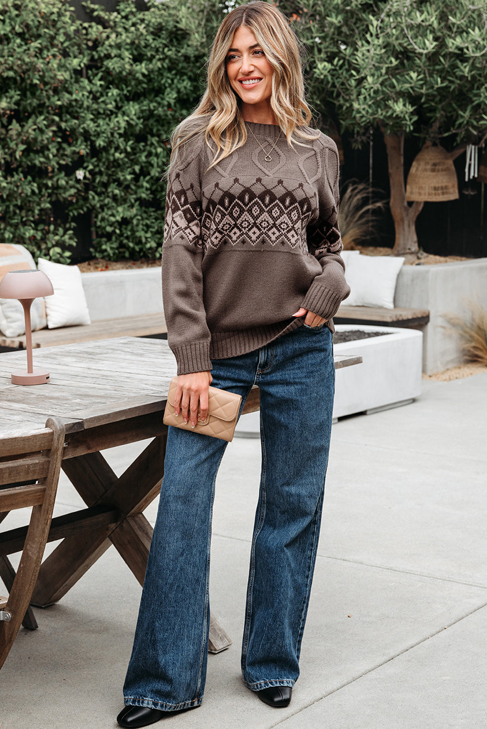 Patterned Western Geometric Crew-Neck Knit Knit Top