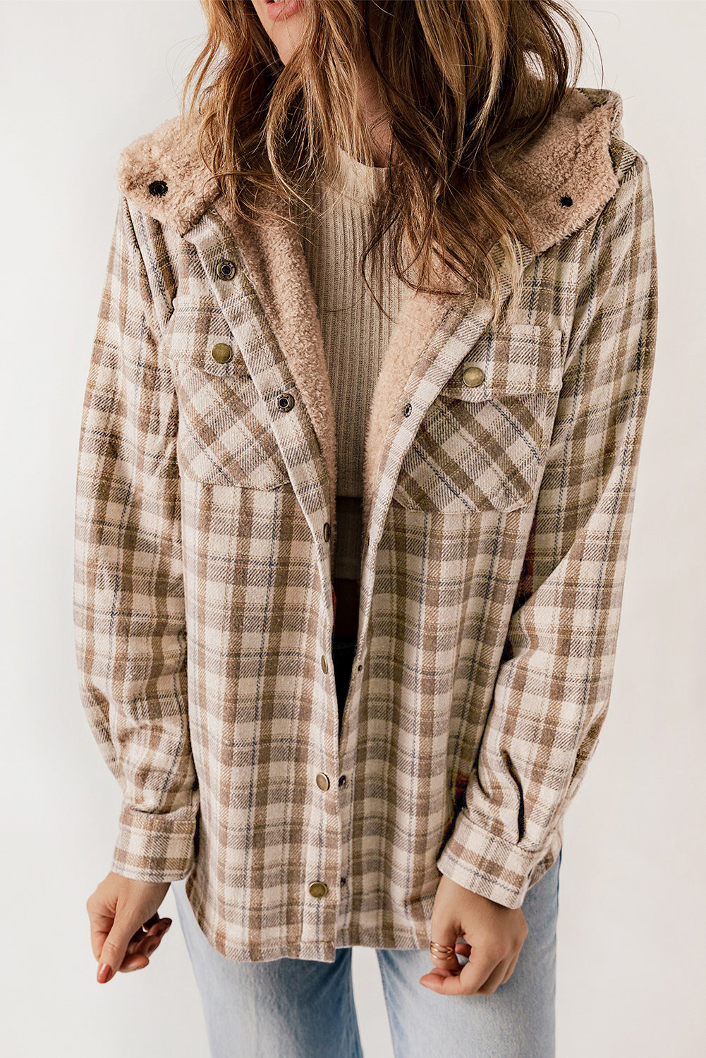 Women's Shacket Featuring Sherpa Lined Hooded Plaid Pattern