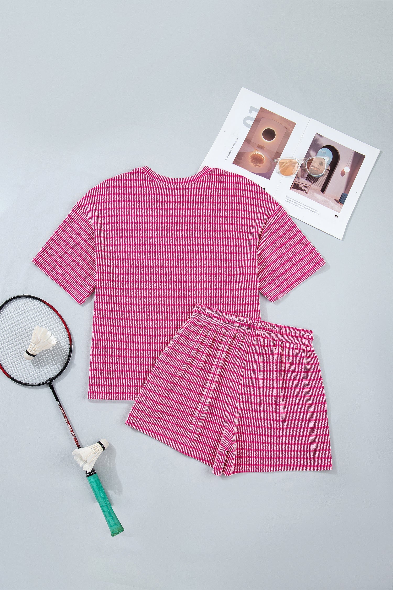 Rose Rib Stripe Raised Loose Tee Drawcord Elastic Waist 2pcs Short Set