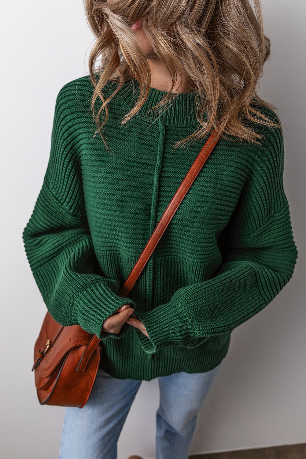 Textured Knit Crewneck Lantern Sleeve Sweater