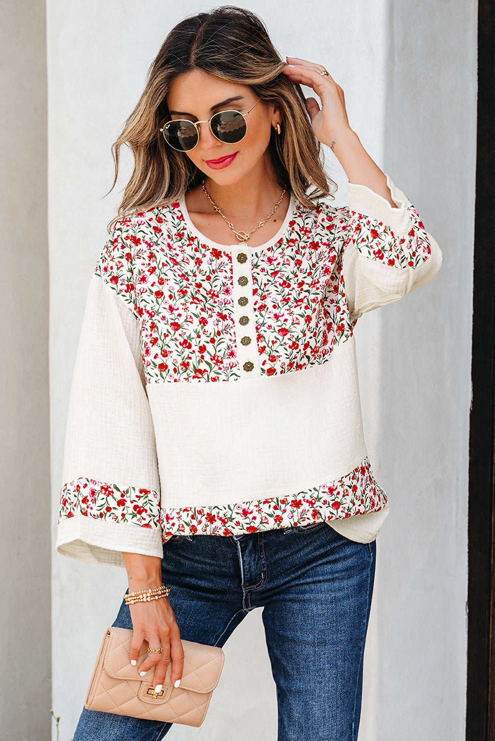 Patchwork Floral-Print Gauze Henley Button 3/4 Sleeve Blouse