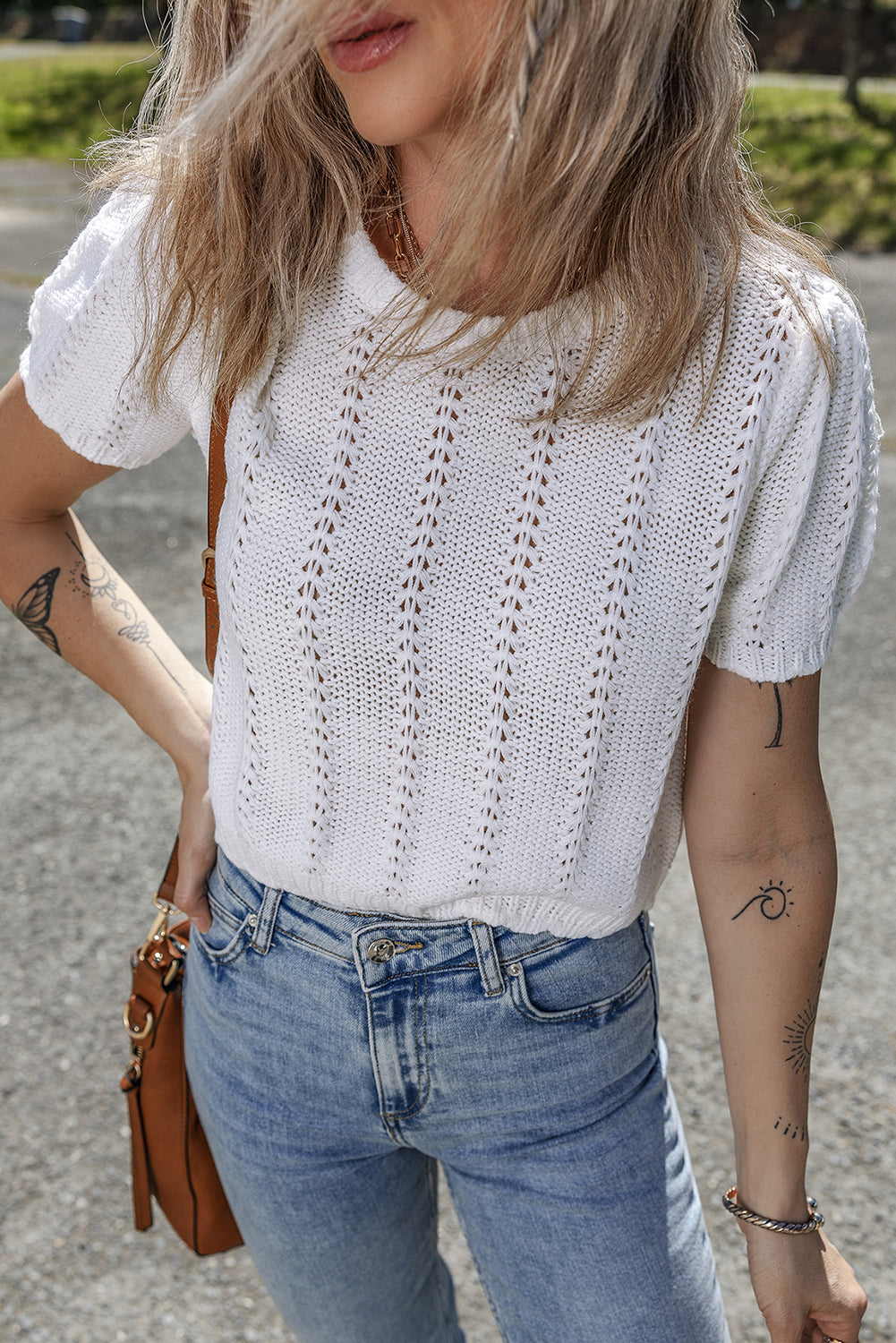 White Pointelle Knit Short Sleeve Crewneck Sweater