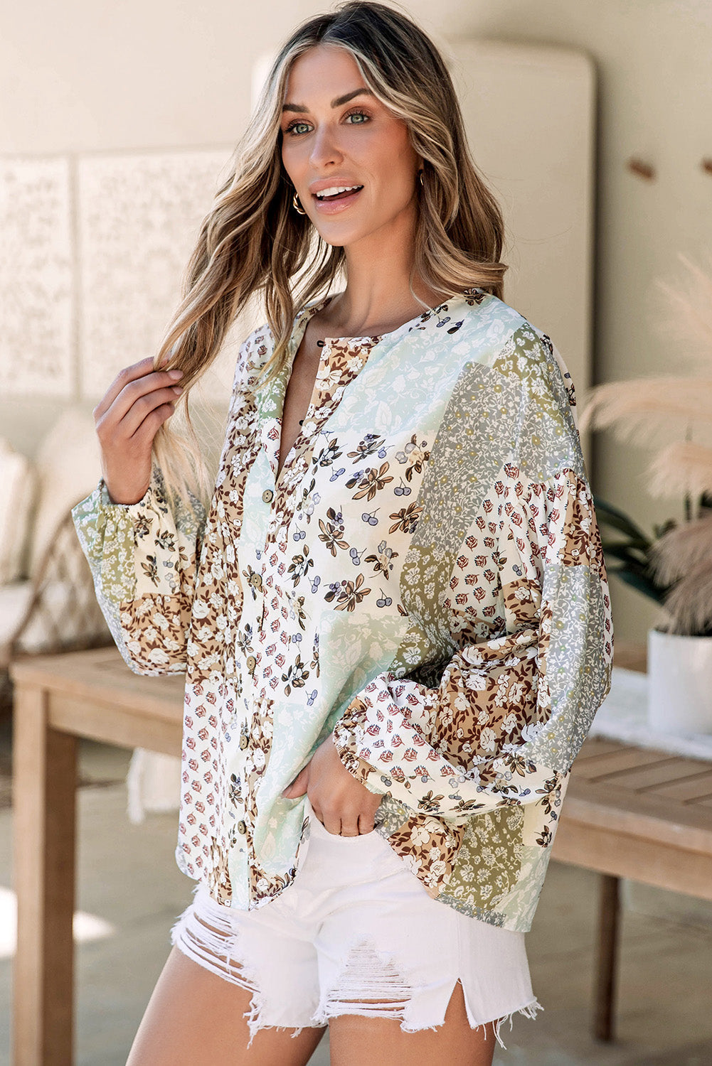 Floral Long Patchwork Print Puff Sleeve Shirt