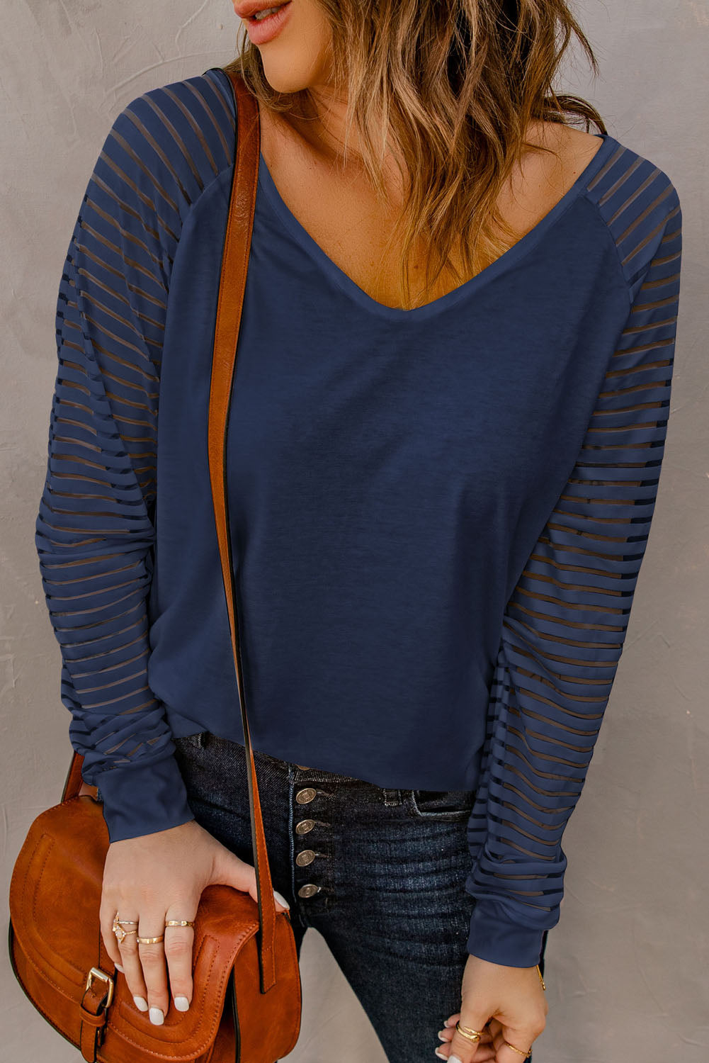 Sheer Stripe V-Neck Top in Blue