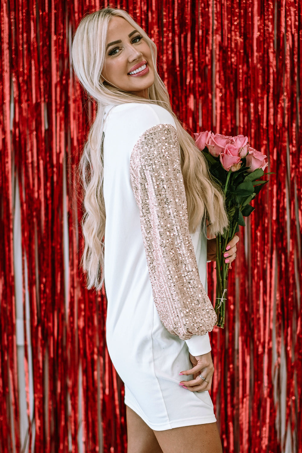 Mini Dress for Women Sequin Balloon Sleeve Shift