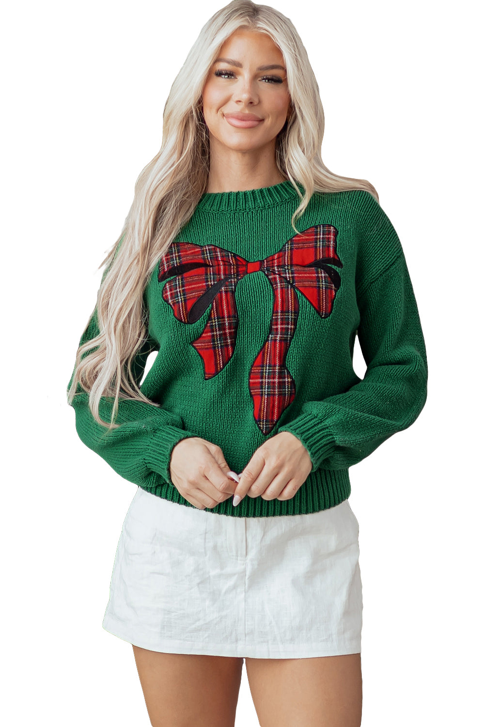 Graphic Plaid Bow Christmas Knit Top