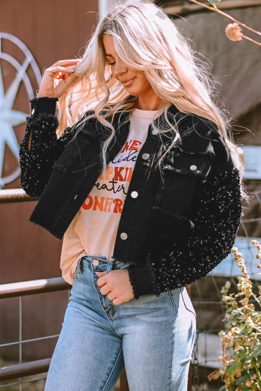 Women's Sequin Raw-Edge Denim Jacket